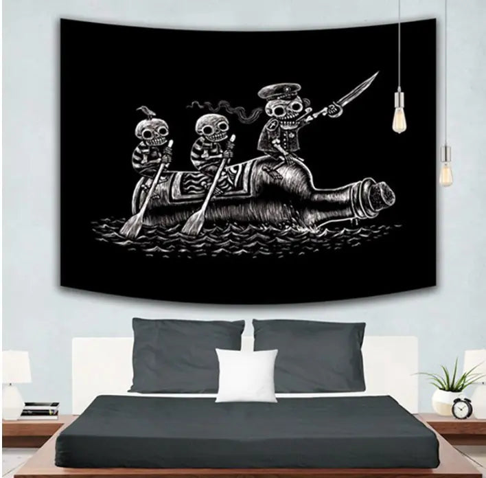 Skeleton Canoe Tapestry – Gothic Wall Hanging for Dorm or Bedroom Decor