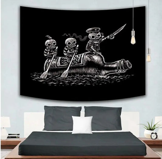 Skeleton Canoe Tapestry – Gothic Wall Hanging for Dorm or Bedroom Decor